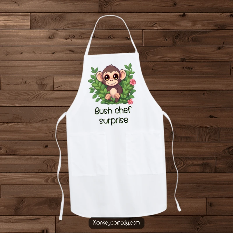 Funny apron with a monkey, eyes wide, peeking from behind a bush, perfect for adding a playful touch to cooking.