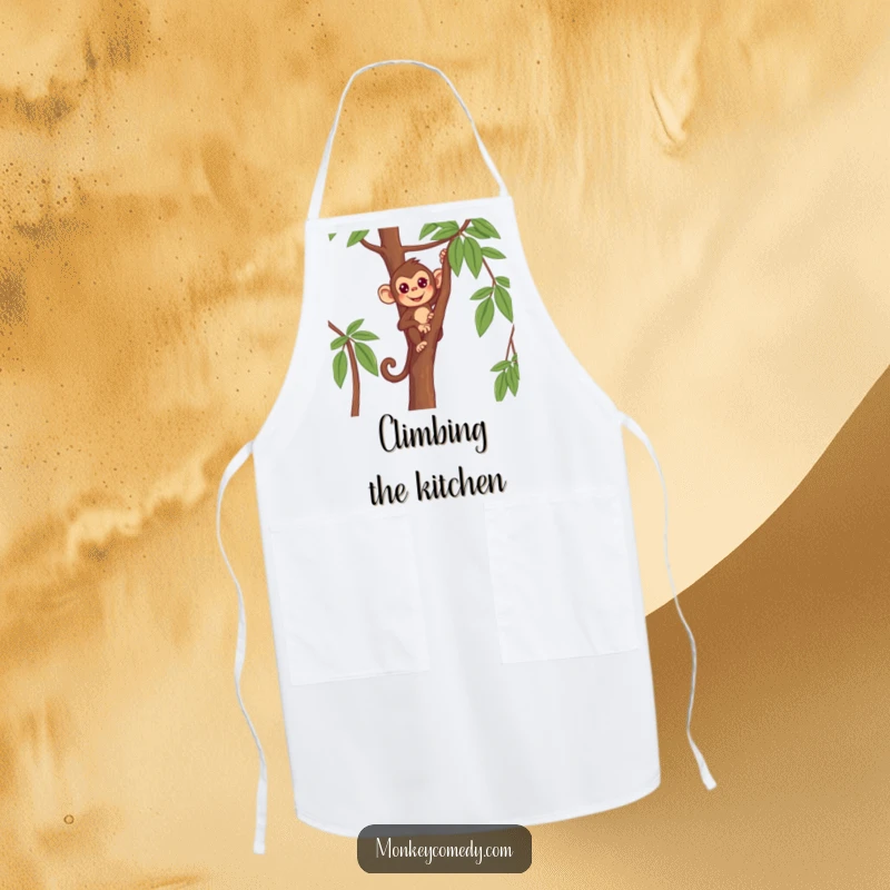 Funny Monkey Apron showing a determined primate climbing a tall, thin tree, for a focused cook.