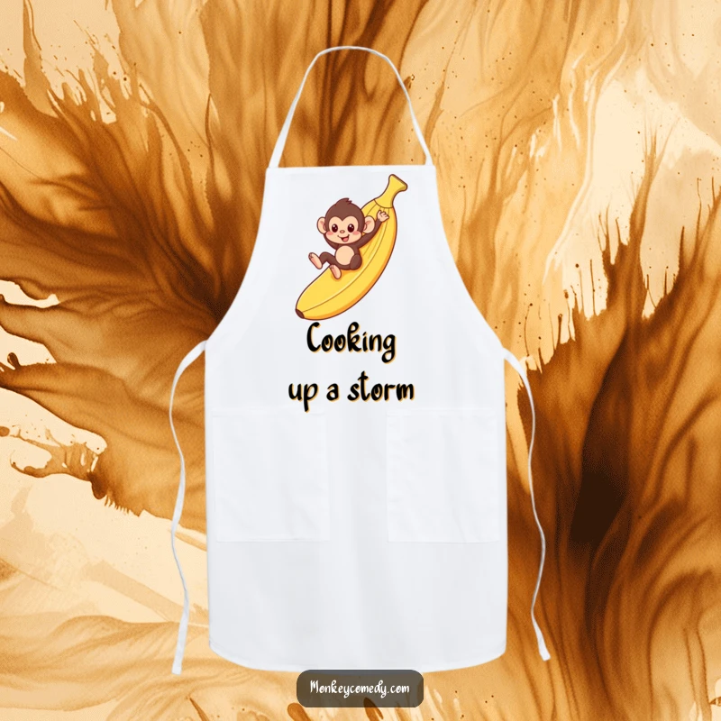 Funny monkey sliding down a banana peel, wearing an apron, great for kitchen fun, great gift.