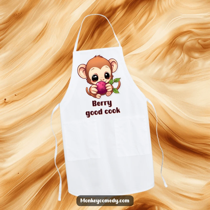 Cute Kawaii Monkey Apron with an eager monkey reaching for a berry, perfect for cooking.