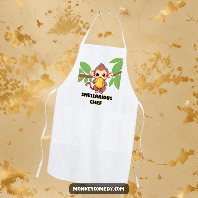Cute Kawaii Monkey Apron with a curious monkey holding a coconut, perfect for kitchen creativity.