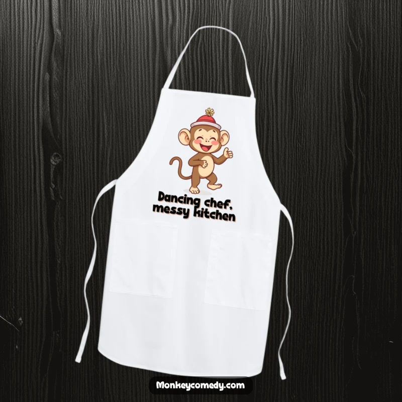 Funny monkey in a small hat, giggling and dancing while cooking, making this apron a humorous and practical funny gift.