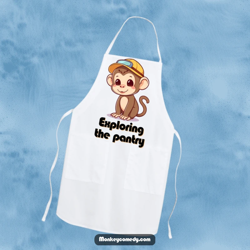 Funny kawaii monkey apron, explorer hat, looking around curiously, durable and cute adventure wear.