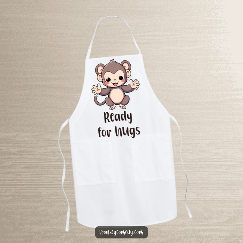Funny Kawaii monkey with arms spread wide, ready for a kitchen hug, on a cute apron, cooking accessory.