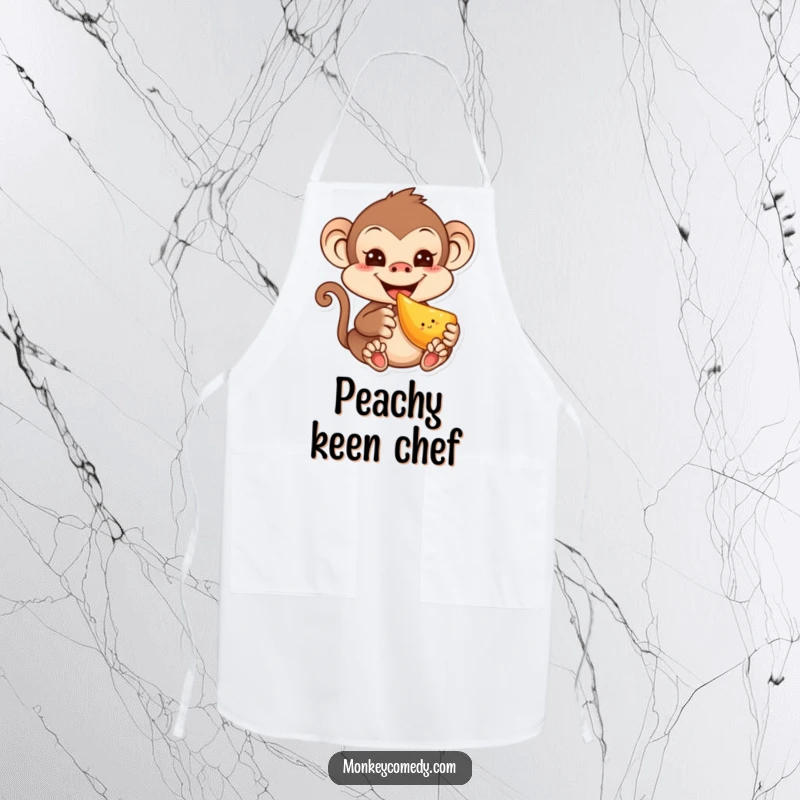 Funny kitchen apron showcasing a mischievous kawaii monkey with a grin, eating fruit, ideal for playful chefs.