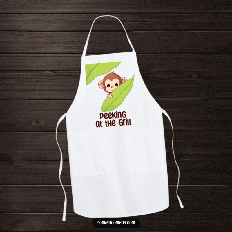 Funny Kawaii Monkey Apron, features a monkey peeking playfully from behind a leaf, adds humor to cooking, practical and washable, great funny gift.