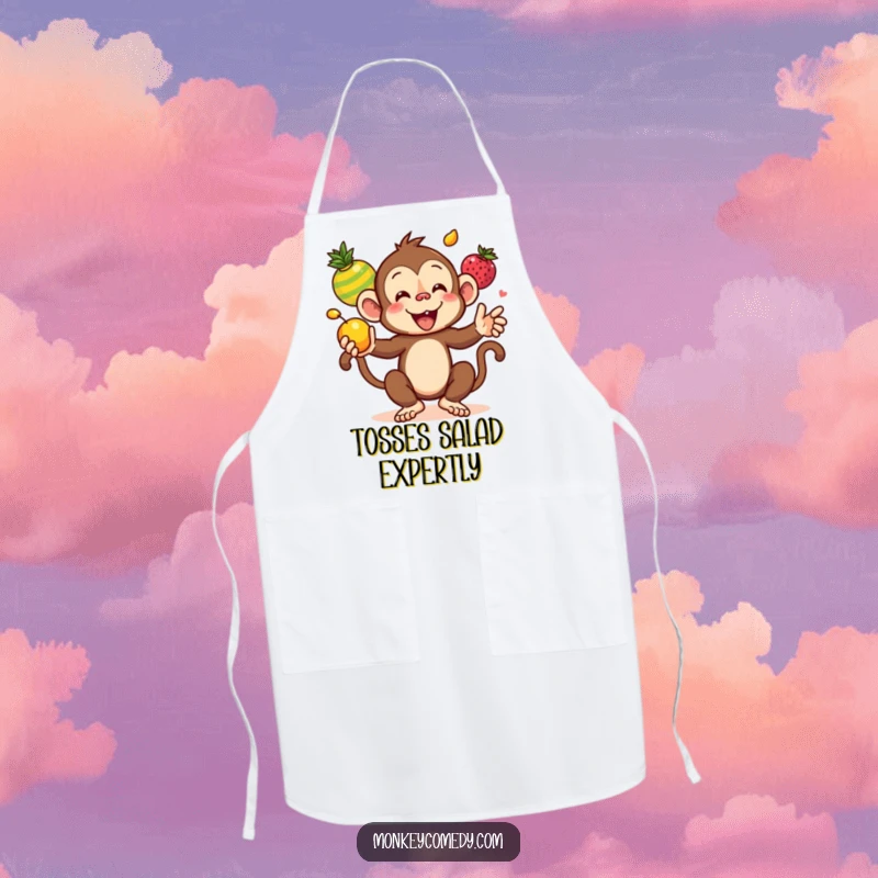 Funny Kawaii Monkey Juggling Colorful Fruits Apron, a cartoon monkey creatively juggling produce, making it a funny and practical kitchen accessory.