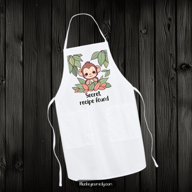 Funny Kawaii monkey peeking from a pile of leaves on a cute apron, ideal for kitchen use.