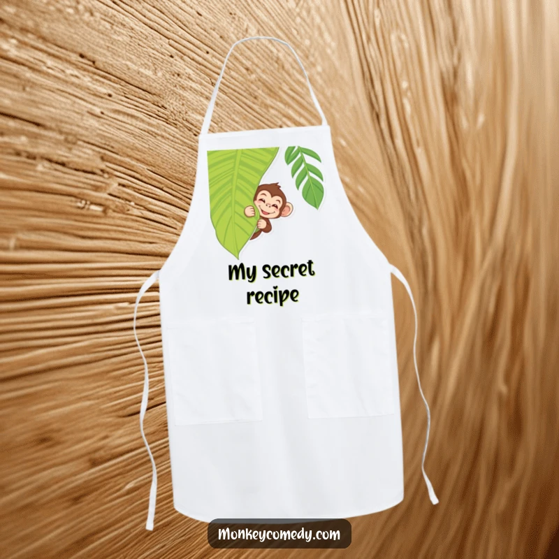 Funny Monkey Apron showing a monkey peeking with a wink from behind a tropical leaf, a humorous accessory.
