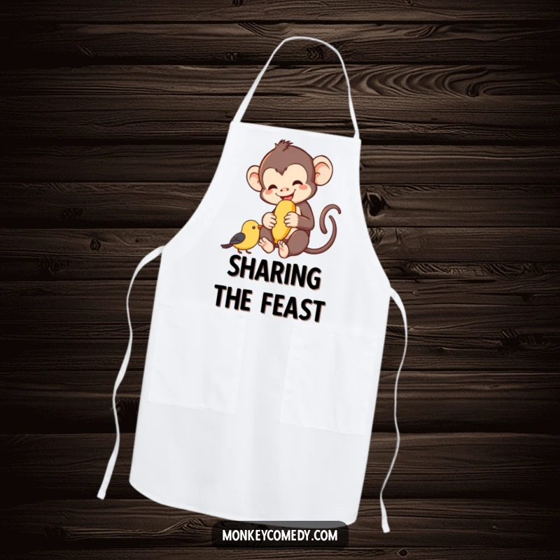 Funny monkey happily sharing a banana with a bird, cheerful kitchen apron, ideal funny gift.