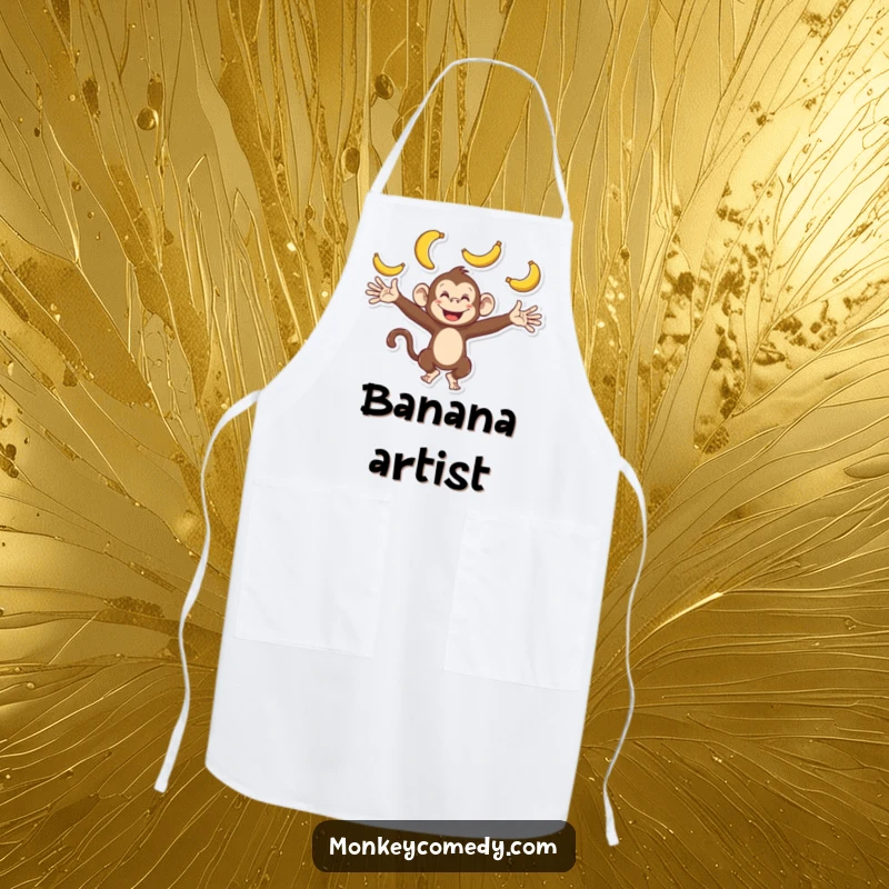 Funny monkey apron showing a playful character with outstretched arms, enthusiastically juggling bananas, designed for kitchen fun and protection.