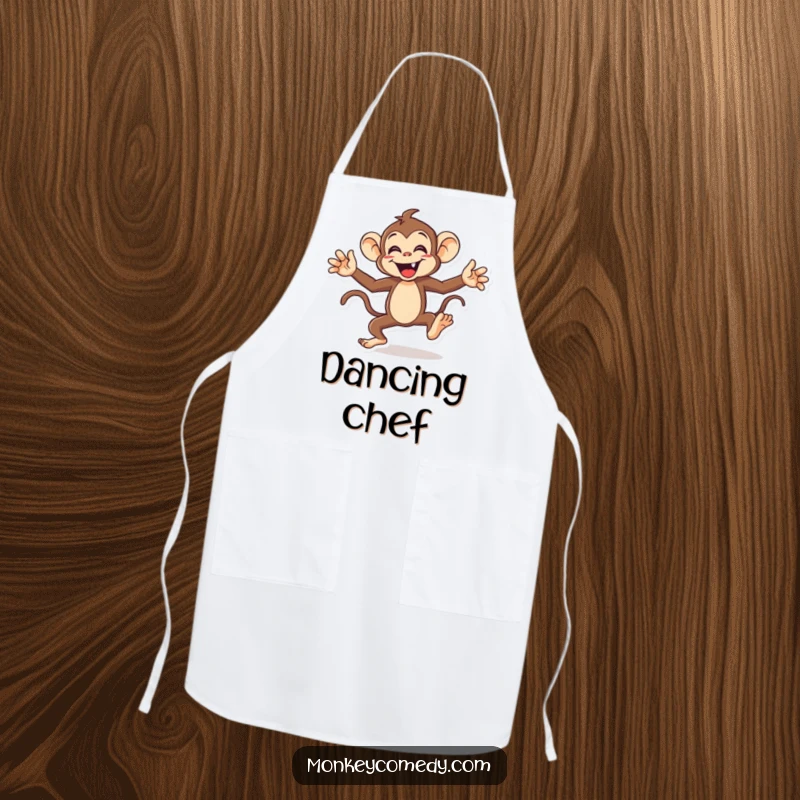 Funny monkey apron showing an energetic character doing a funny dance with arms and legs flailing, designed for kitchen fun.