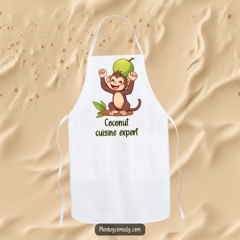 Funny Apron: A monkey grins while balancing a coconut on its head, a humorous image for a skillfully balanced meal.