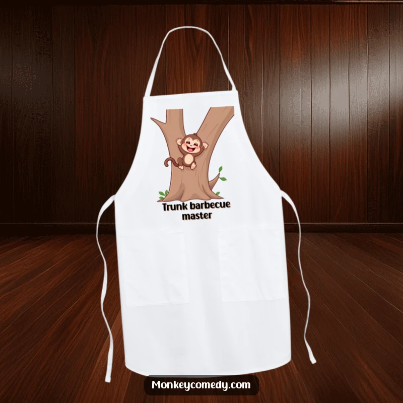 Funny monkey apron with a gleeful monkey sliding down a tree trunk, perfect for a fun and functional kitchen.