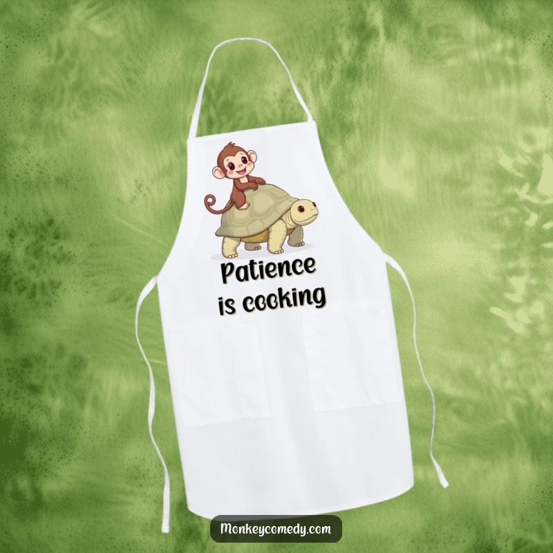 Funny apron featuring a monkey riding a tortoise with glee, perfect for keeping clothes clean with a dose of slow-paced, primate fun.
