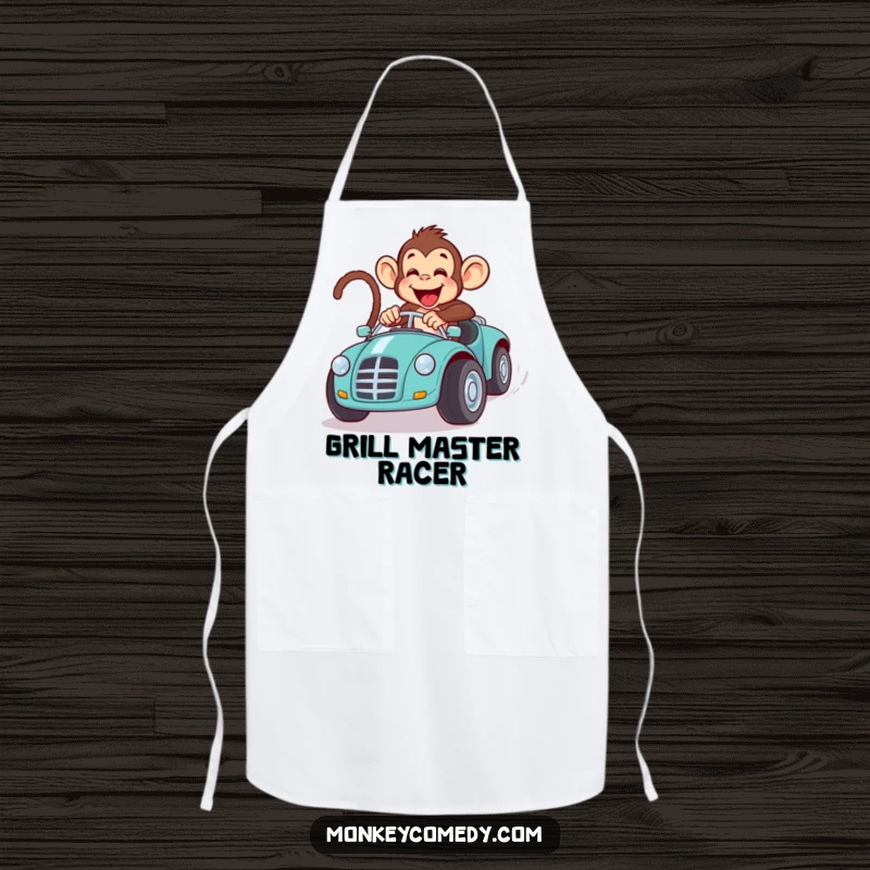 Funny monkey toy car race apron, a primate humorously driving a toy car while cooking, a funny kitchen accessory.
