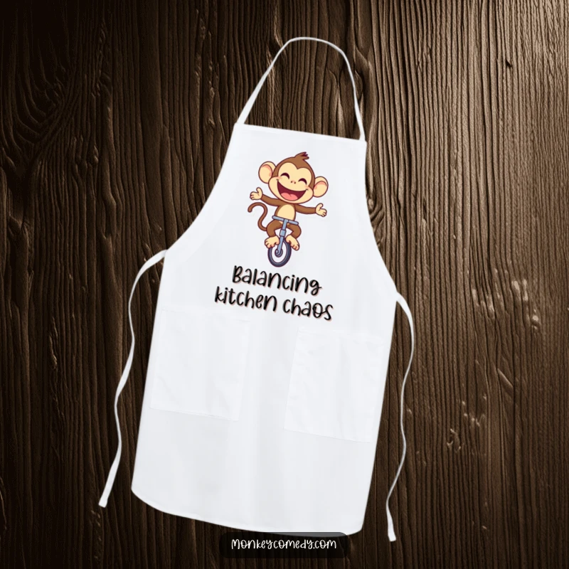Funny Monkey Apron: A joyful monkey rides a unicycle with a large, proud smile, perfect for funny and functional kitchen wear.