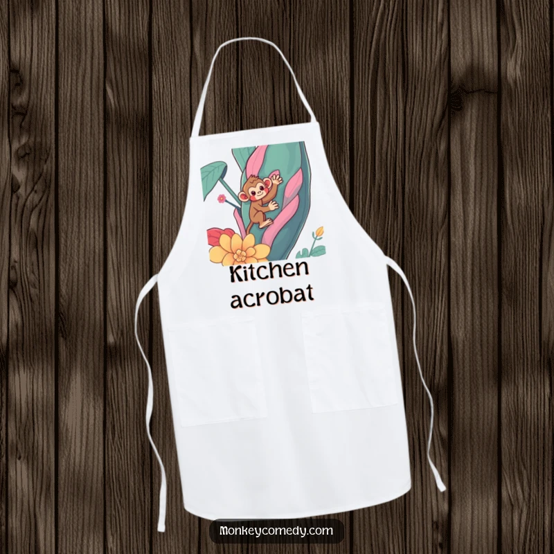 Funny Kawaii monkey apron, a cute primate comically climbing a large, colorful plant, ideal for kitchen humor, funny gift.
