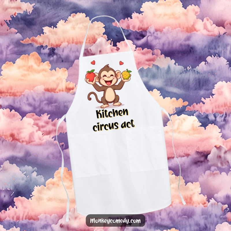 Funny Apron: A giggling monkey juggles colorful fruits with hands and feet, ready for kitchen action.