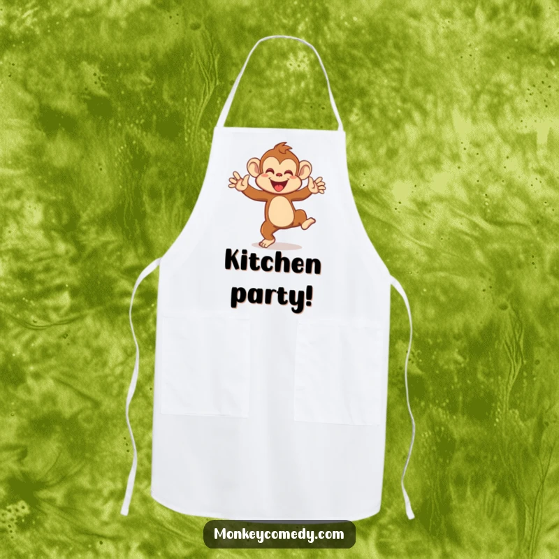 Funny apron depicting a monkey doing a wild dance, arms flailing, ready to protect your clothes with a side of primate pandemonium.
