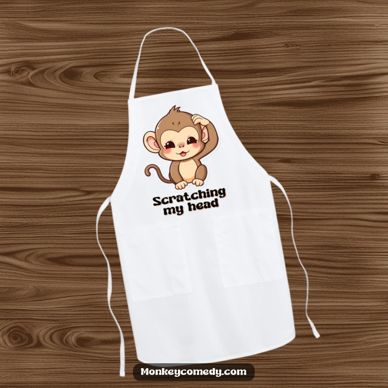 Funny Kawaii Monkey Apron showing a cute monkey with a silly expression, scratching its head, for humorous cooking.