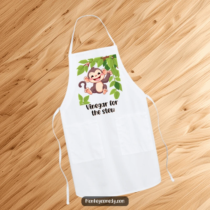 Funny kawaii monkey apron, wide grin, swinging playfully, durable and cute kitchen wear.