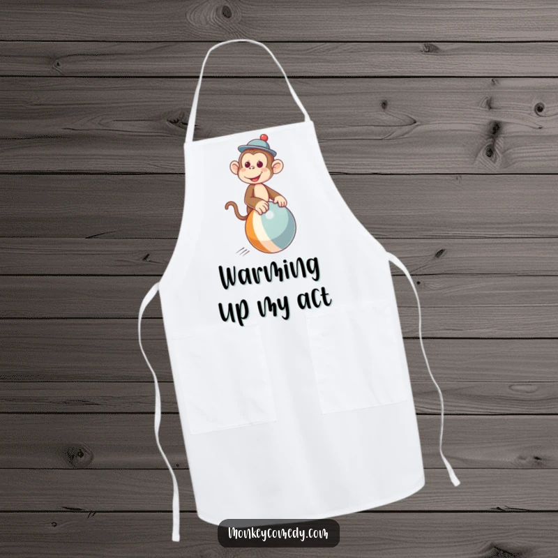 Funny apron showing a delightful monkey in a hat expertly riding a bouncing ball, perfect for a humorous kitchen.