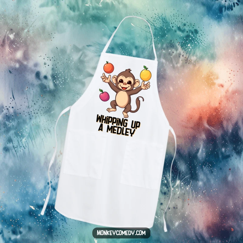 Funny Monkey Apron showcasing a nimble monkey juggling colorful fruits, perfect for adding humor and skill to your cooking adventures.