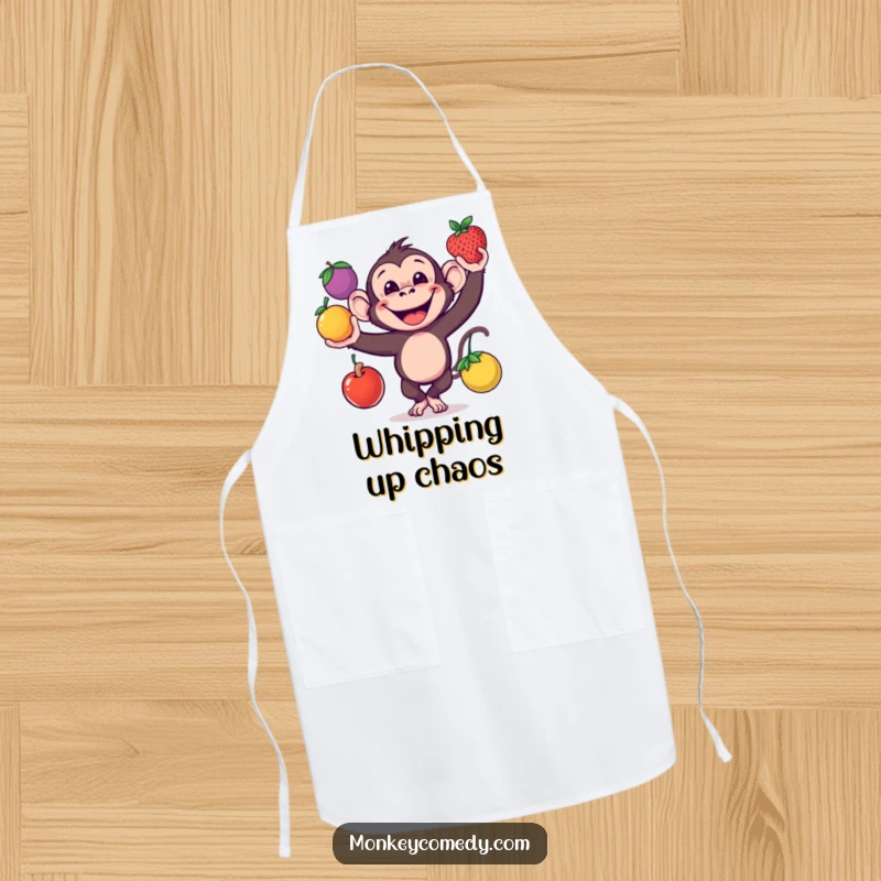 Funny monkey juggling fruits, wearing an apron, great for kitchen fun, great gift.