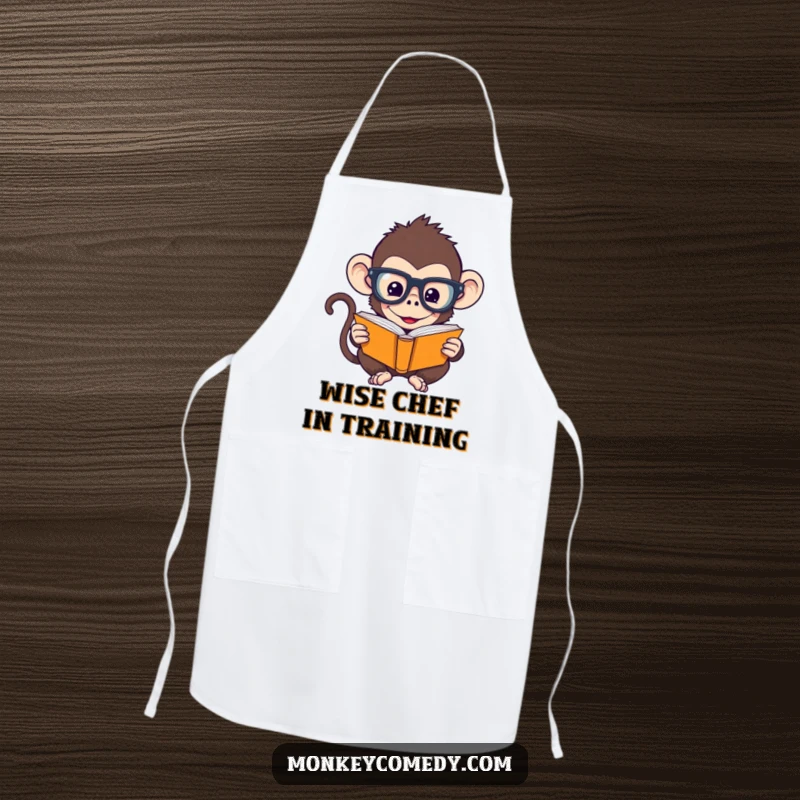 Funny Monkey Apron: A humorous monkey with oversized glasses reads a tiny book, perfect for funny and functional kitchen wear.