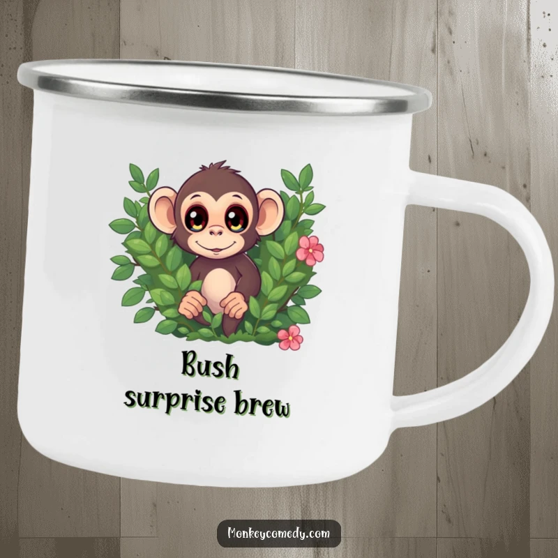 Funny camping mug with a monkey, eyes wide, peeking from behind a bush, ready for jungle outdoor fun.