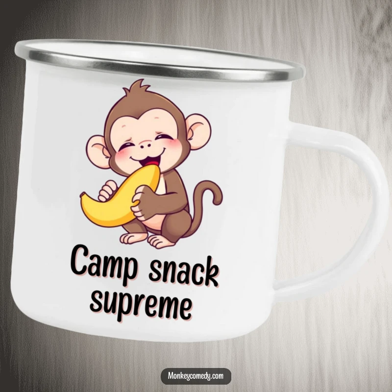 Funny monkey eyes closed in bliss, happily eating a banana, on a camping mug, perfect for a funny gift.