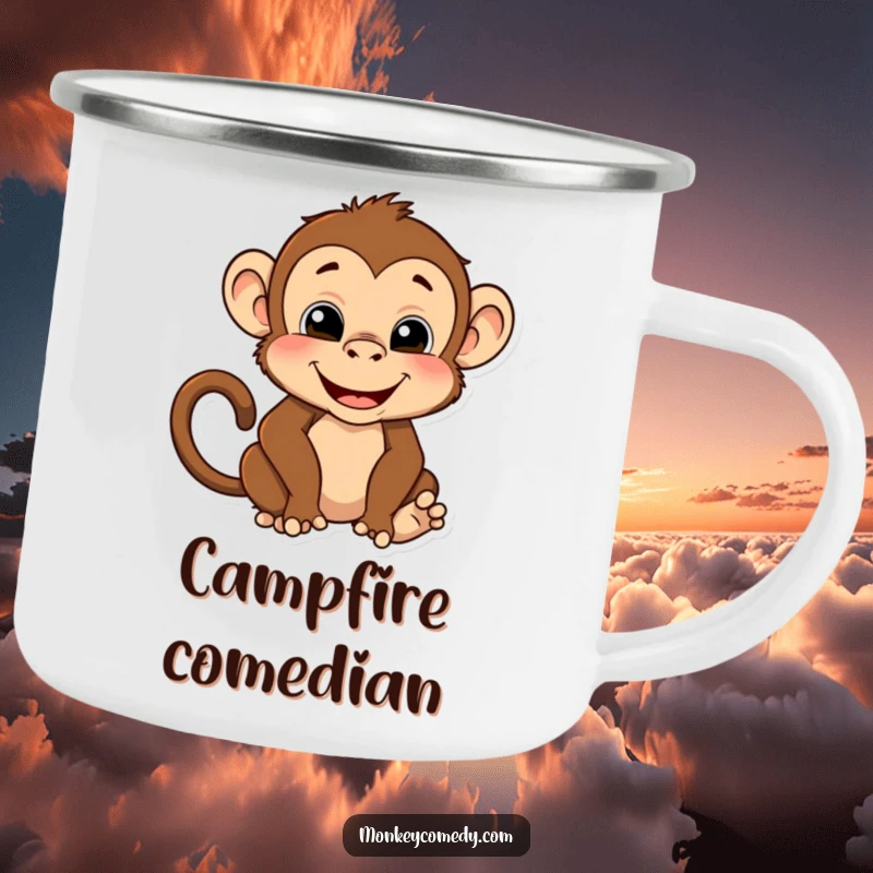 Funny camping mug featuring a monkey making a funny face and silly pose, perfect for enjoying outdoor beverages with a humorous twist.