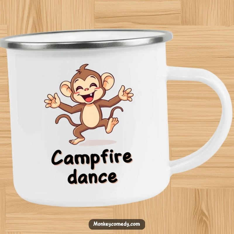 Funny monkey camping mug showing an energetic character doing a funny dance with arms and legs flailing, perfect for outdoor fun.