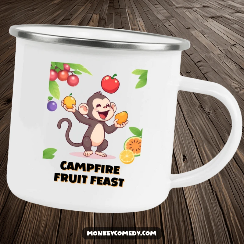 Funny camping mug featuring a monkey juggling fruits, ready for outdoor adventures with a touch of playful skill.