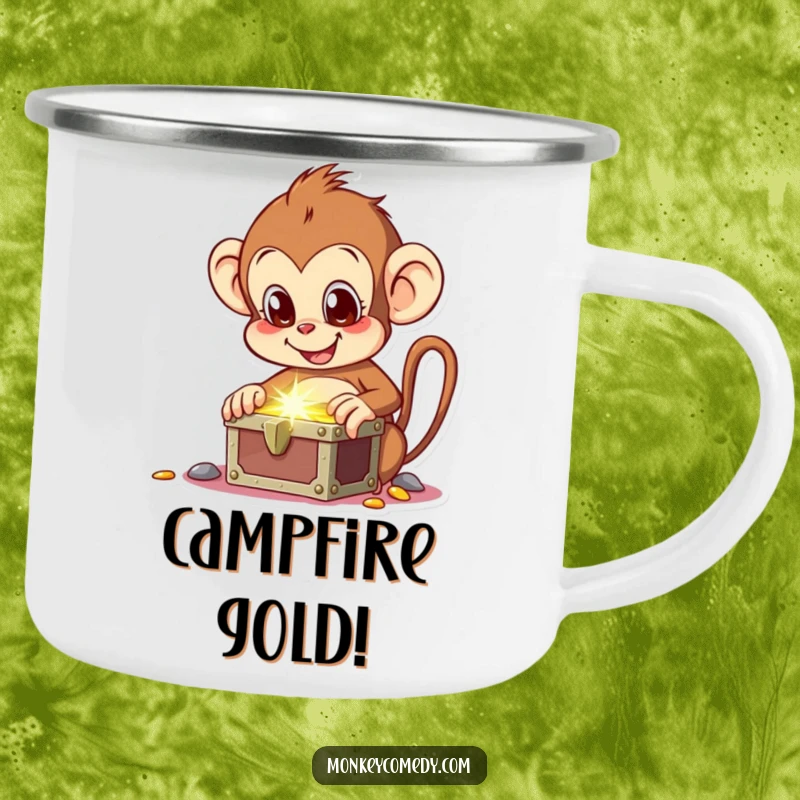 Funny camping mug featuring a monkey discovering a treasure chest, perfect for enjoying drinks during outdoor adventures.
