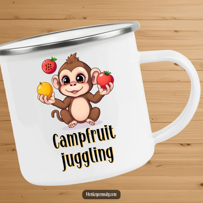 Funny monkey camping mug showing a curious monkey juggling colorful fruits, designed for outdoor adventures.