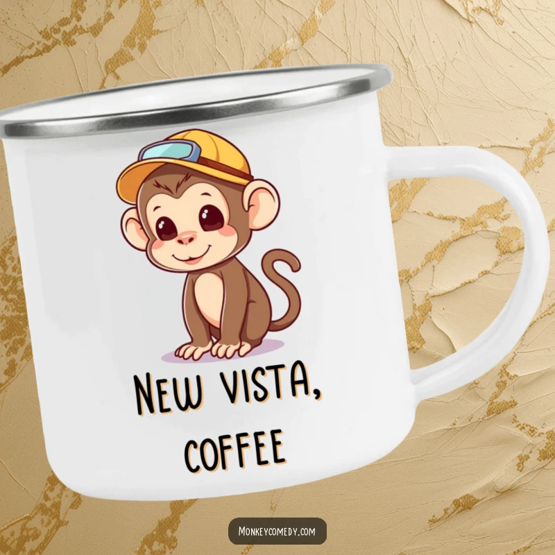 Funny kawaii monkey camping mug, explorer hat, looking around adventurously, rugged and portable companion.