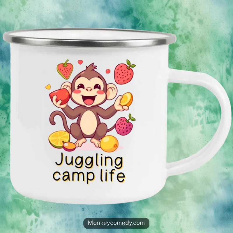 Funny Kawaii Monkey Juggling Camping Mug: A playful monkey juggles fruits, bringing portable cheer and humor to your outdoor experiences.