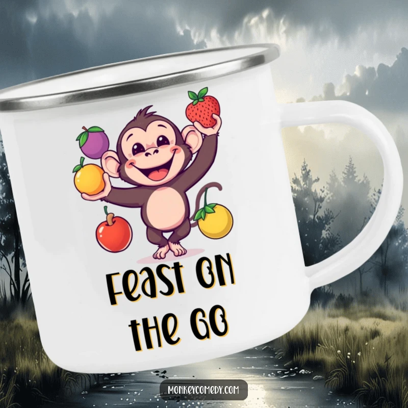 Funny monkey juggling fruits, holding a camping mug, ready for adventure, ideal gift.