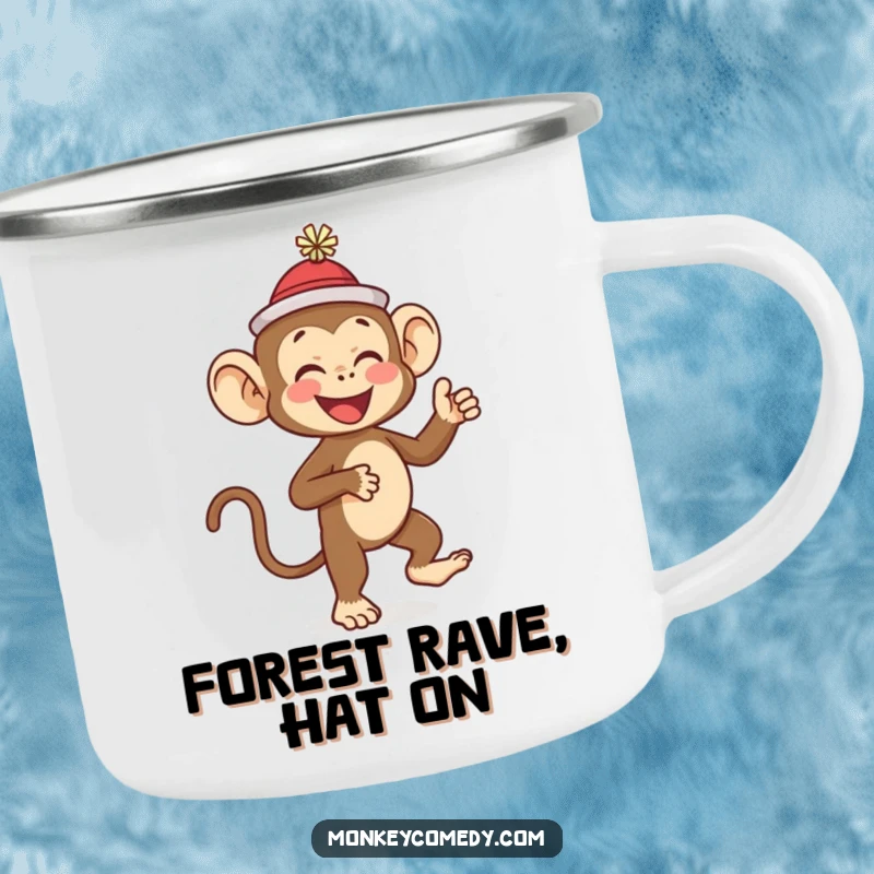 Funny monkey in a small hat, giggling and dancing around a campfire, perfect for this funny camping mug gift.
