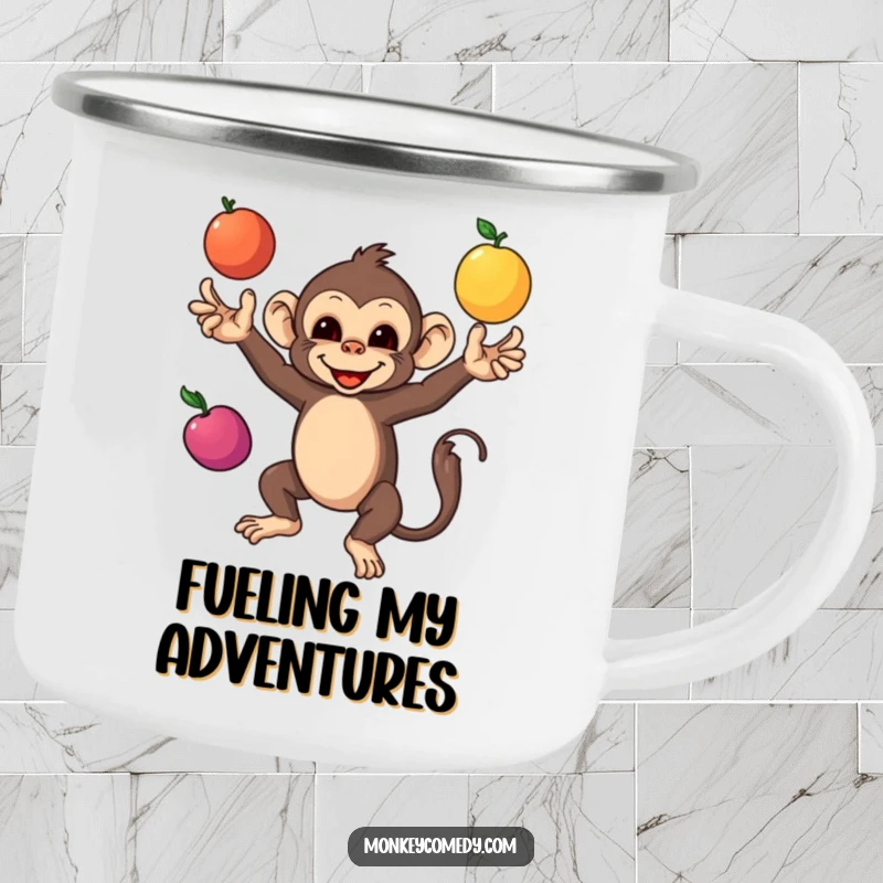 Funny Monkey Camping Mug featuring a skillful monkey juggling fruits, ready for outdoor adventures and a morning brew with a smile.