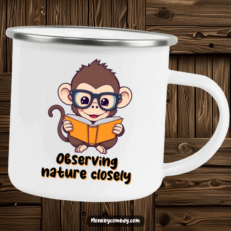 Funny Monkey Camping Mug: A humorous monkey with oversized glasses reads a tiny book, perfect for intellectual outdoor fun.