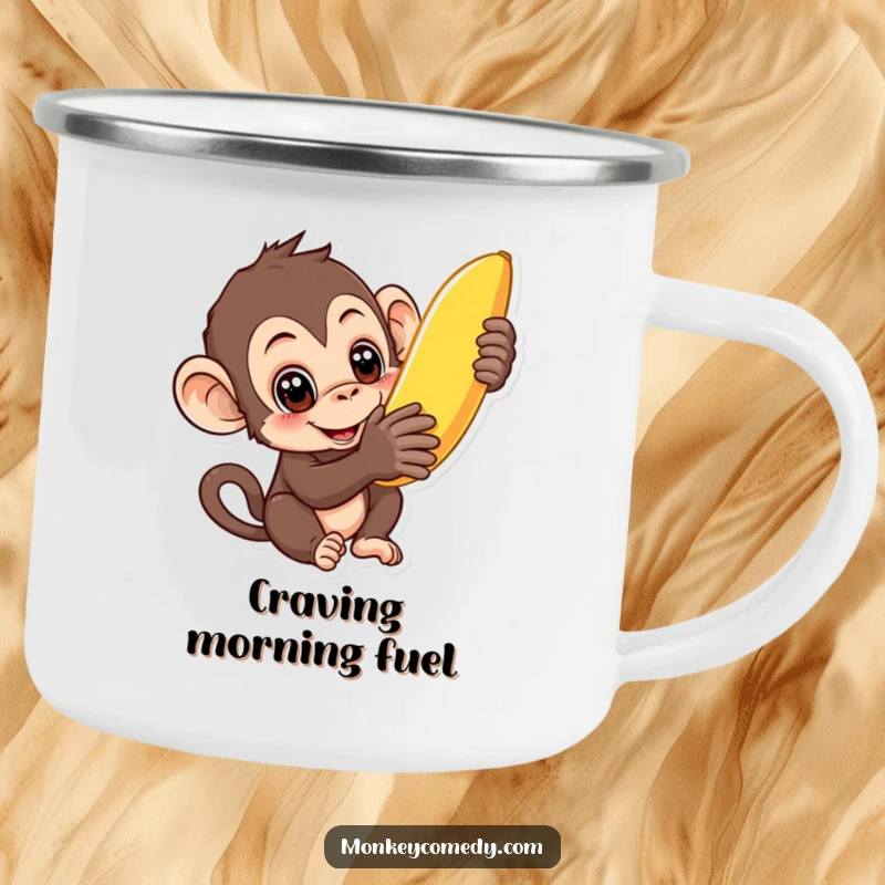 Funny curious monkey camping mug showing a monkey reaching for a banana, ready for outdoor brews and playful cravings.