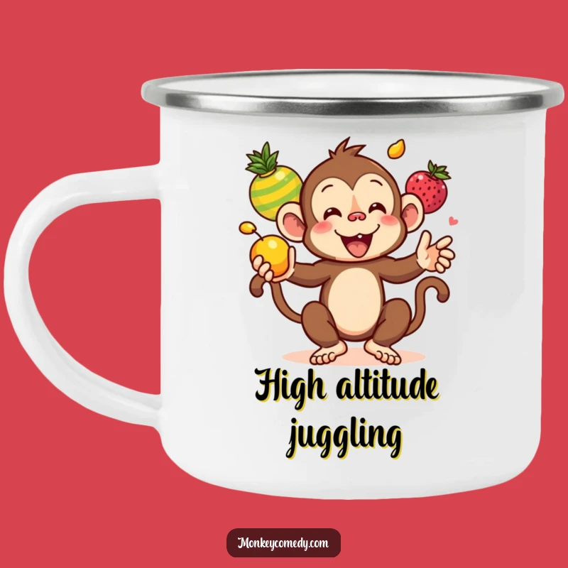 Funny Kawaii Monkey Juggling Fruits Camping Mug - Durable & Hilarious Outdoor Companion