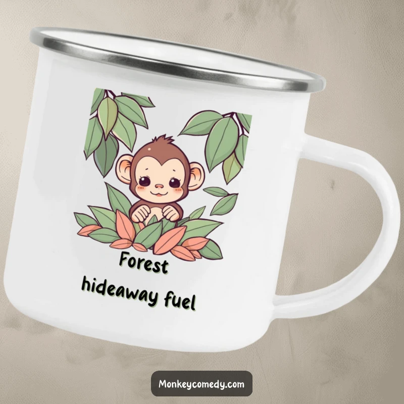 Funny Kawaii monkey peeking from a pile of leaves on a durable camping mug, outdoor themed.