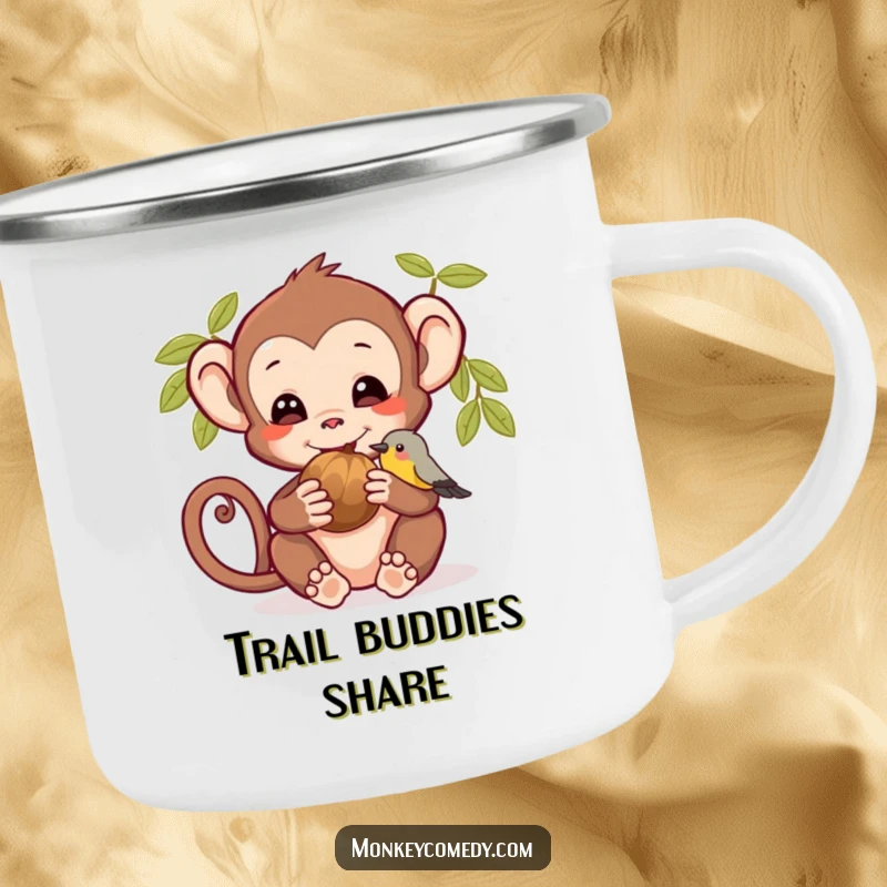 Funny camping mug depicting a monkey and bird sharing a nut, ideal for outdoor use with a friendly design.