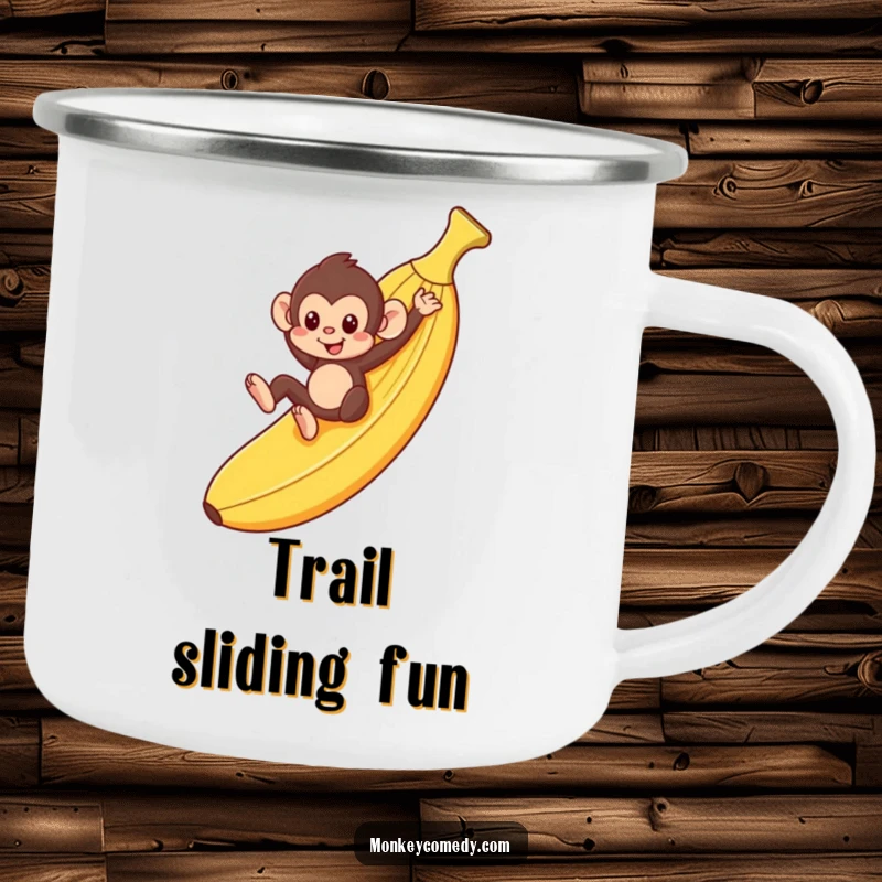 Funny monkey sliding down a banana peel, holding a camping mug, ready for adventure, ideal gift.