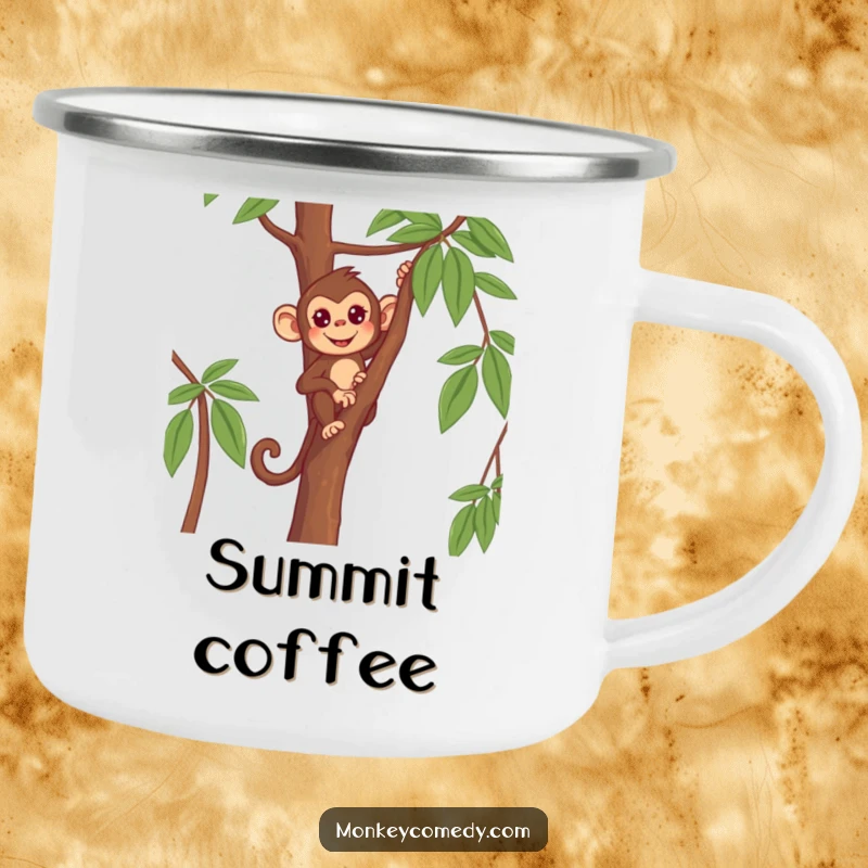 Funny Monkey Camping Mug: a determined primate climbing a thin tree, perfect for outdoor motivation.