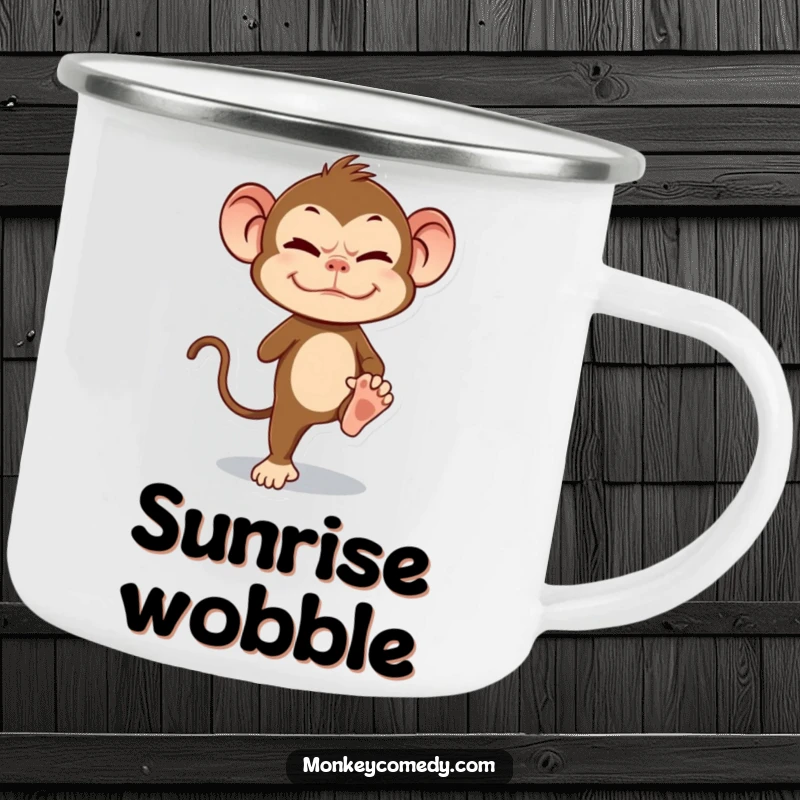 Funny Monkey Camping Mug: a primate with a grimace, balancing on one leg, perfect for outdoor humor.